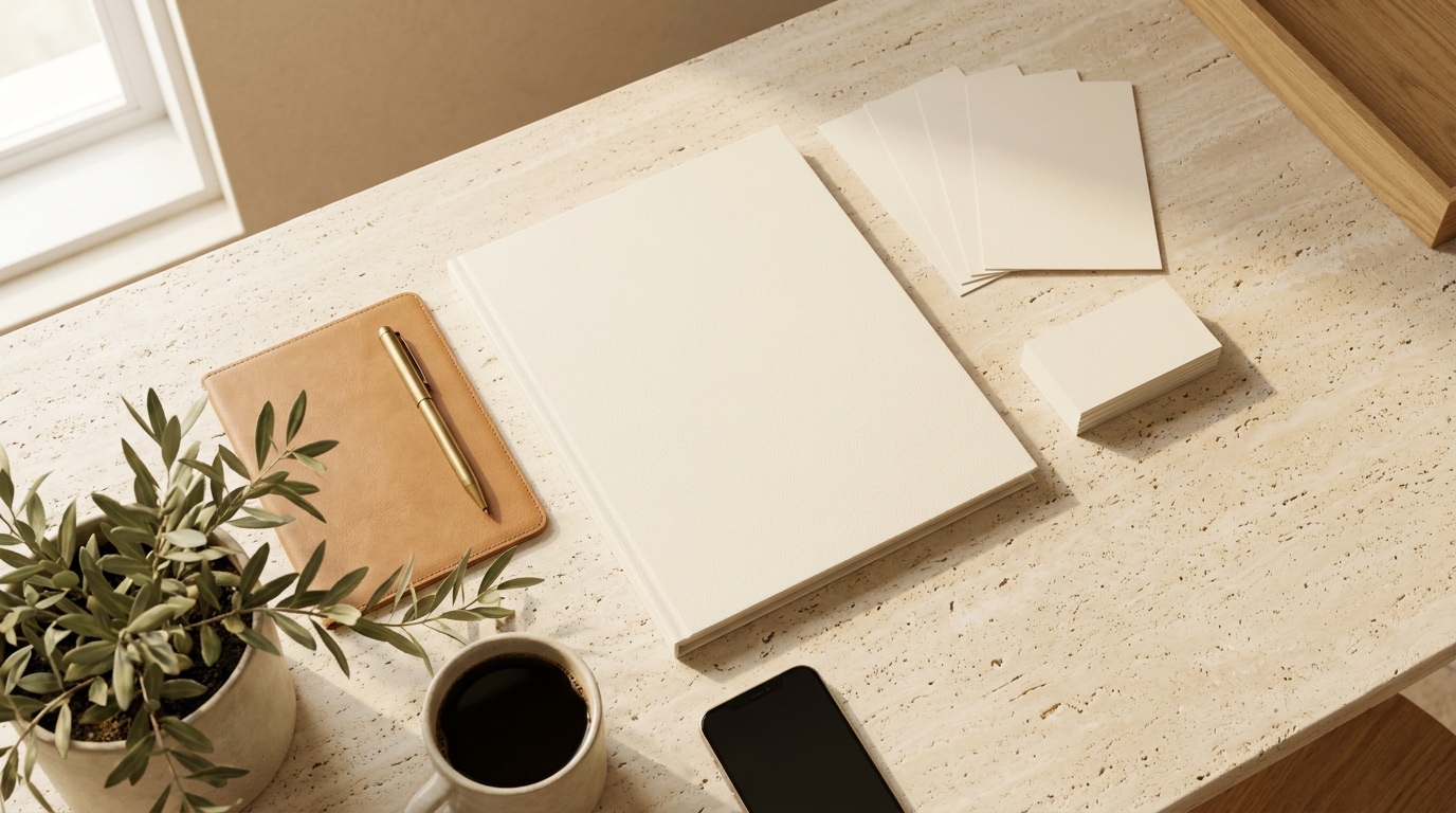 A blank pitch folio and cards laid out on a studio desk
