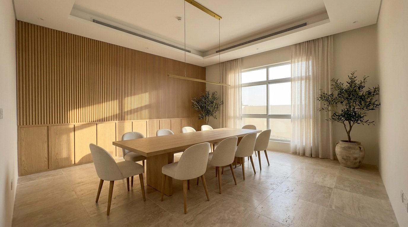 The same room furnished as a formal dining room in the same language.