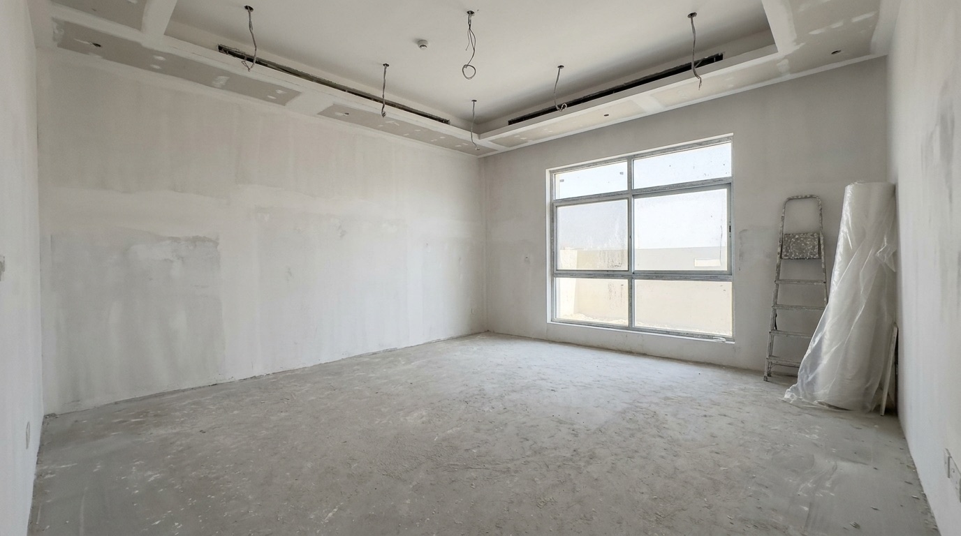 An empty, unfinished villa reception room photographed on a phone by the client.